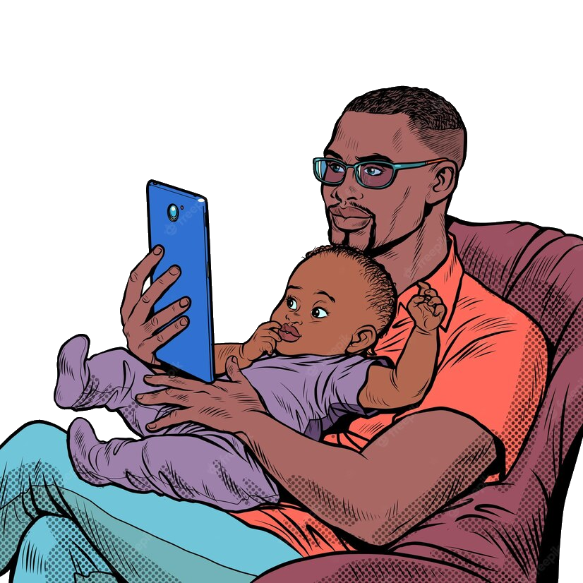 Black Father n Child Sitting Lookn at a Tablet